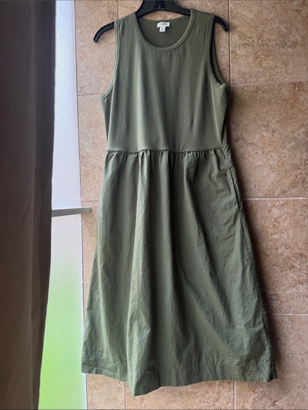 J. Crew Mixed Media Midi Dress Pockets Olive Green Stretch Knit Bodice  Size M